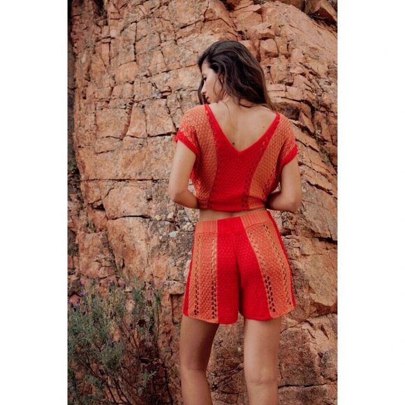 NWOT Zara crochet-like open weave knit-like striped elastic high waist shorts, M - Picture 3 of 12